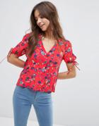 Asos Tea Blouse With Tie Sleeve In Red Floral - Multi