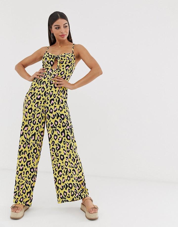 River Island Beach Jumpsuit In Neon Leopard Print - Black