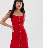 Brave Soul Petite Joanna Cami Dress In Rib With Button Front - Red