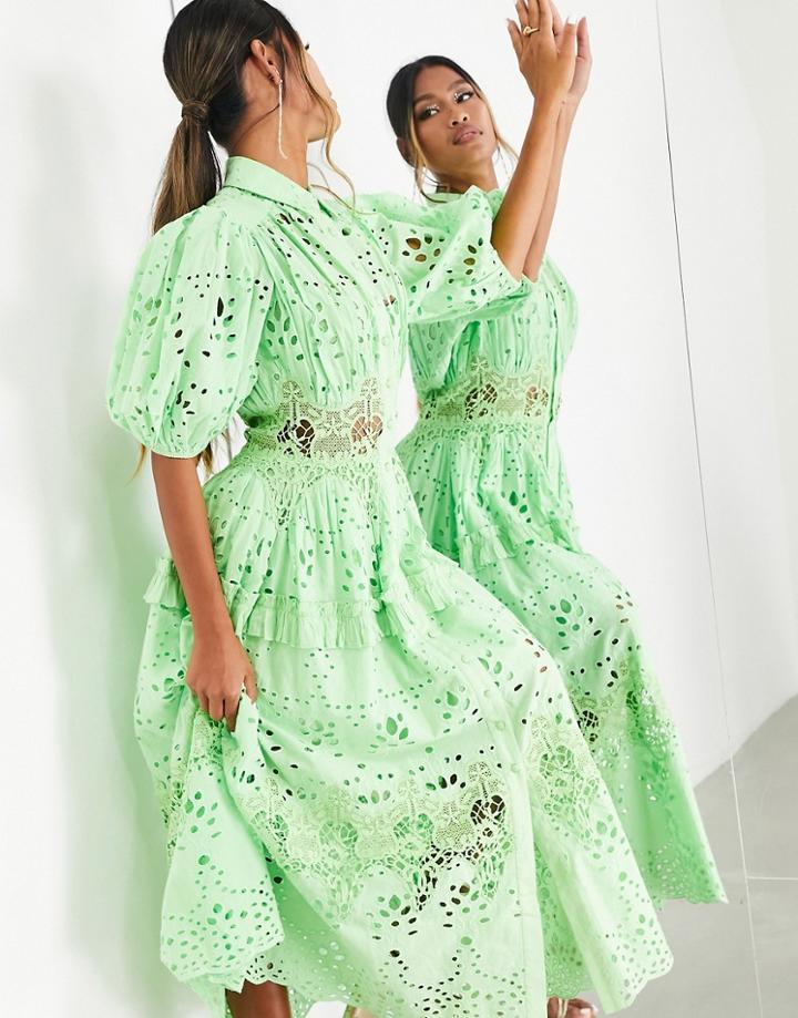 Asos Edition Waisted Broderie Midi Shirt Dress With Puff Sleeve In Lime Green