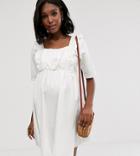 Asos Design Maternity Denim Smock Dress With Frill In White - White