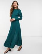 River Island Puff Sleeve Satin Midi Dress In Dark Green