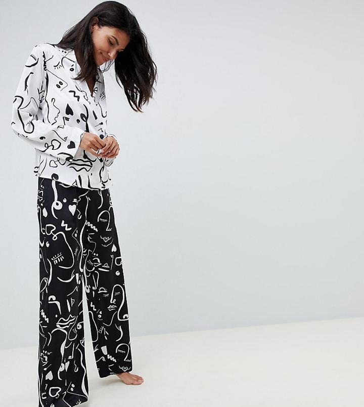 Asos Design Tall Mono Face Print Double Breasted Shirt And Pants Pyjama Set - White