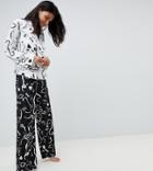 Asos Design Tall Mono Face Print Double Breasted Shirt And Pants Pyjama Set - White