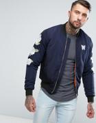 Good For Nothing Bomber Jacket In Navy With Embroidered Rose Sleeves - Navy