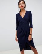 Asos Design Midi Dress With Wrap Skirt - Navy