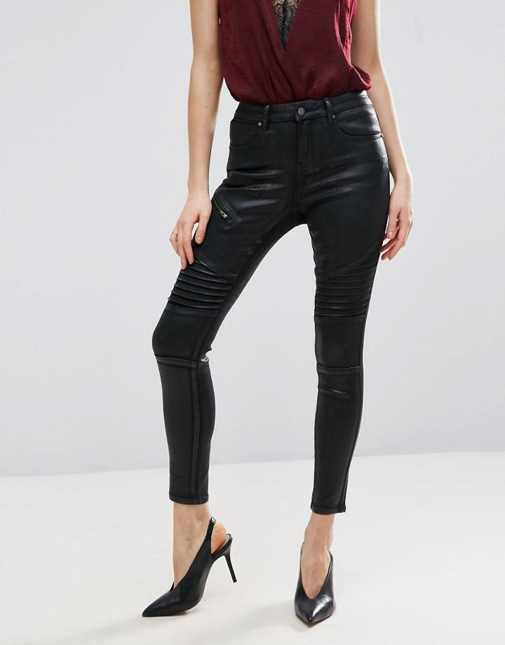 Asos 'sculpt Me' Mid Rise Premium Jeans In Coated Black With Biker Detail - Black