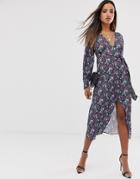 Fashion Union Wrap Midi Dress With Tie Side In Vintage Floral - Multi