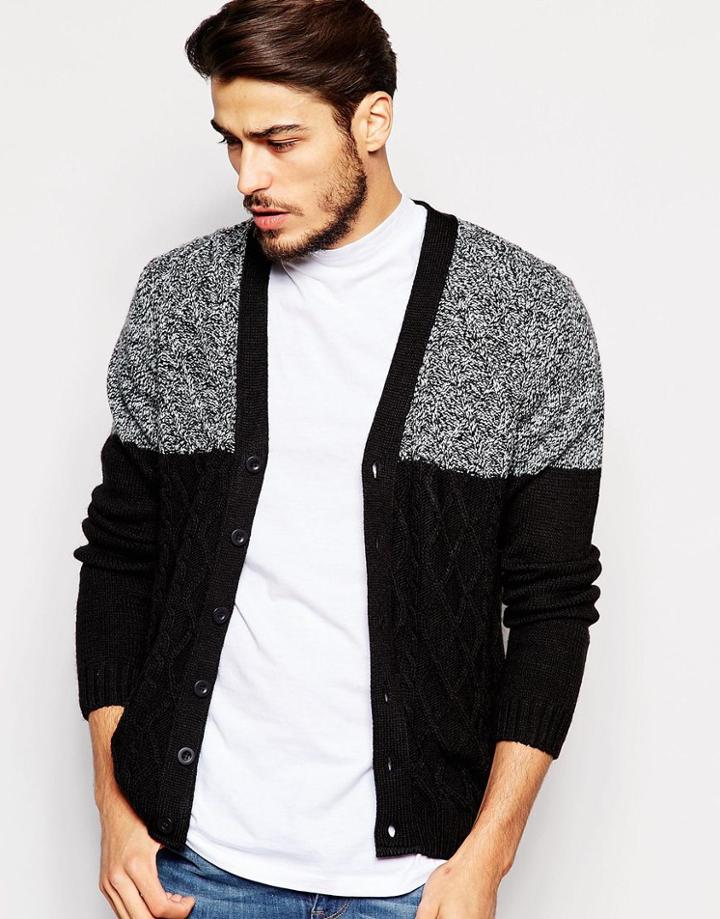 Asos Cable Knit Cardigan With Color Block - Black