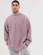 Asos Design Oversized Half Zip Track Neck Sweatshirt In Purple Borg