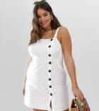 Asos Design Curve Button Through Mini Sundress In Palm Broderie - White