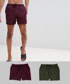 Asos Design Tall Swim Shorts 2 Pack In Burgundy & Khaki Short Length Save - Multi