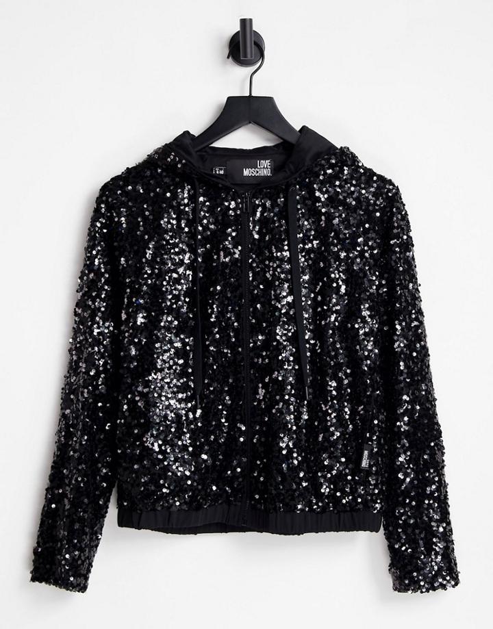 Love Moschino Allover Sequin Hooded Top In Black