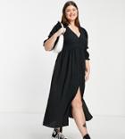 Asos Design Curve Button Through Textured Midi Tea Dress In Black