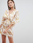 Asos Design Kimono Sleeve Romper With Cut Out Detail In Chain Print - Multi