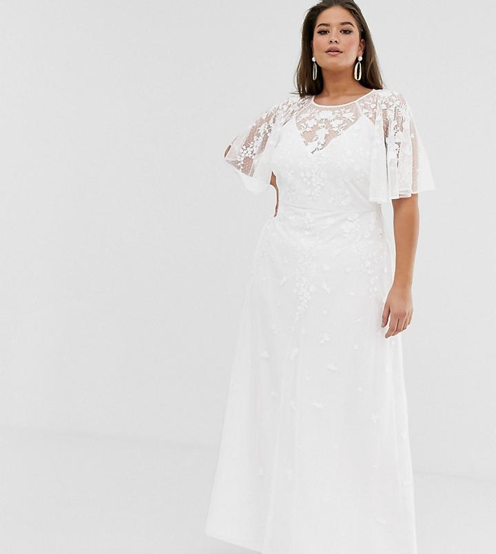 Asos Edition Curve Embroidered Flutter Sleeve Maxi Wedding Dress - White