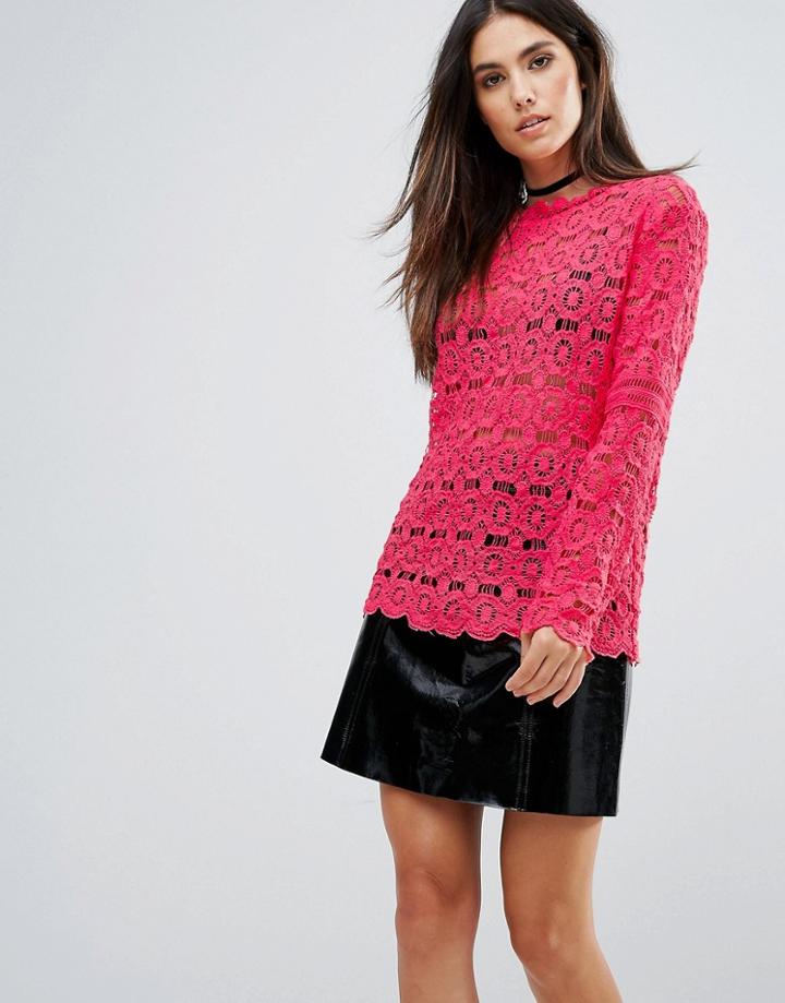 Club L Crochet Detail High Neck Top - Red