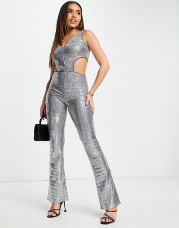 First Distraction The Label Glitter Jumpsuit In Silver
