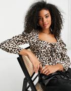 Topshop Puff Sleeve Animal Print Tie Front Top In Neutral