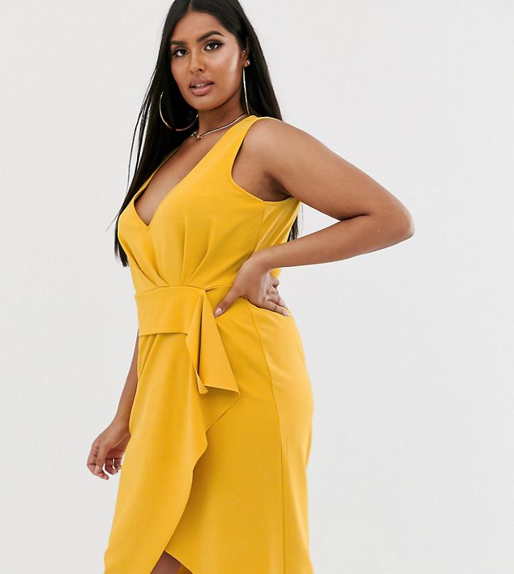 Asos Design Curve Waterfall Plunge Pencil Midi Dress-pink