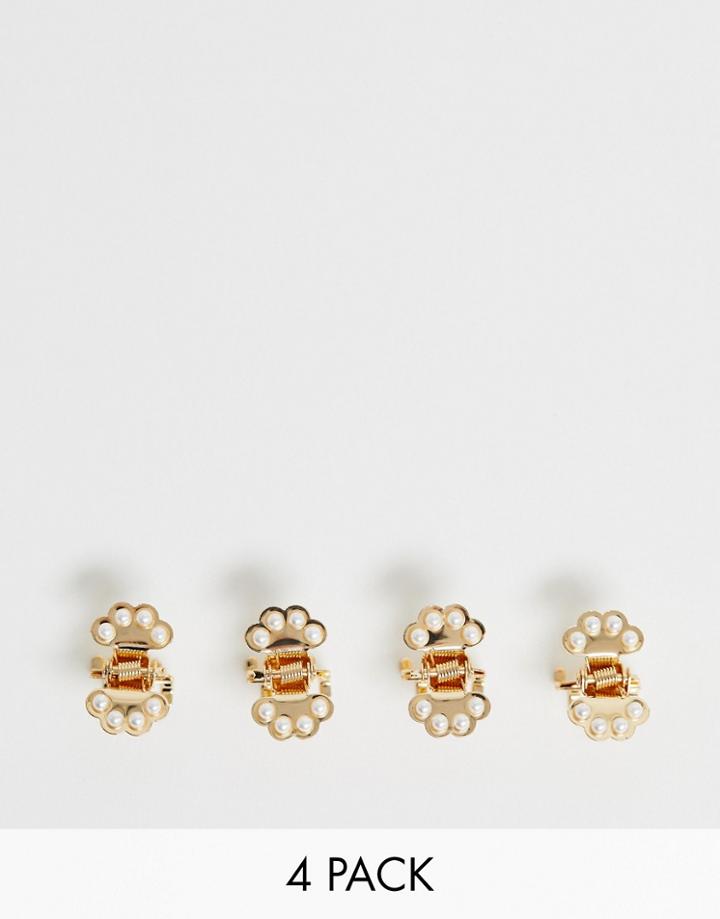 Asos Design Pack Of 4 Mini Hair Claws With Pearl Detail In Gold Tone