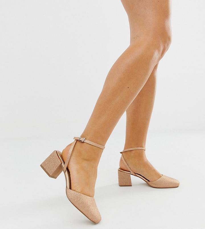 Asos Design Wide Fit Salvation Square Toe Block Heeled Mid Shoes In Rose Gold Glitter