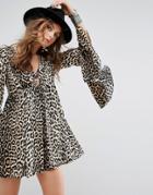 Kiss The Sky Smock Dress With Flared Sleeves In Leopard - Brown