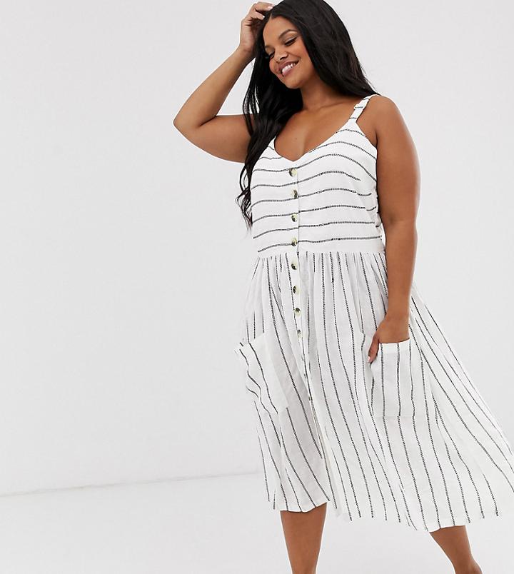 Brave Soul Plus Lelia Stripe Dress With Button Front - White
