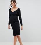 Asos Maternity Midi V Neck Pencil Dress With Long Sleeves-black