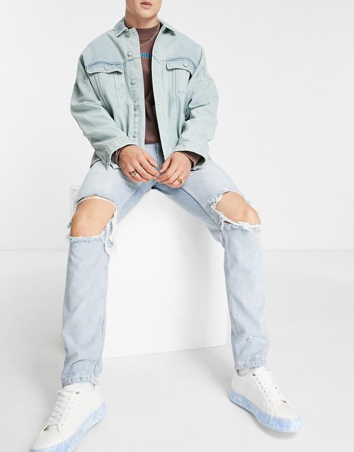 Asos Design Slim Jeans In Light Wash With Extreme Knee Rips-blues