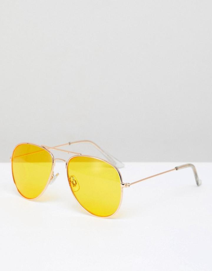 Pull & Bear Copper Frame Aviator Sunglasses With Yellow Lenses - Copper