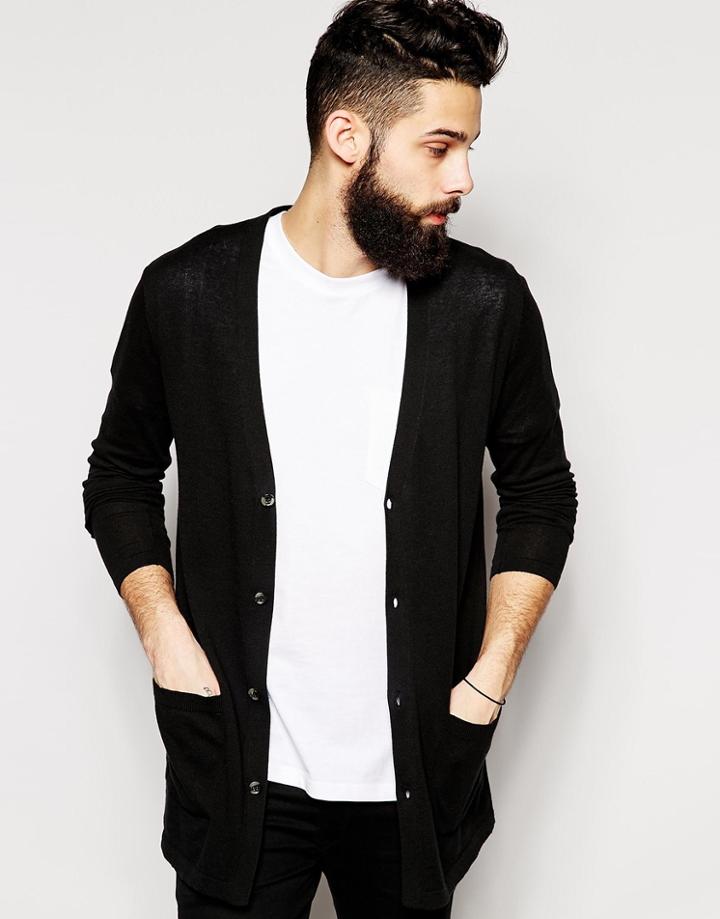 Asos Longline Cardigan In Black Cotton - Black