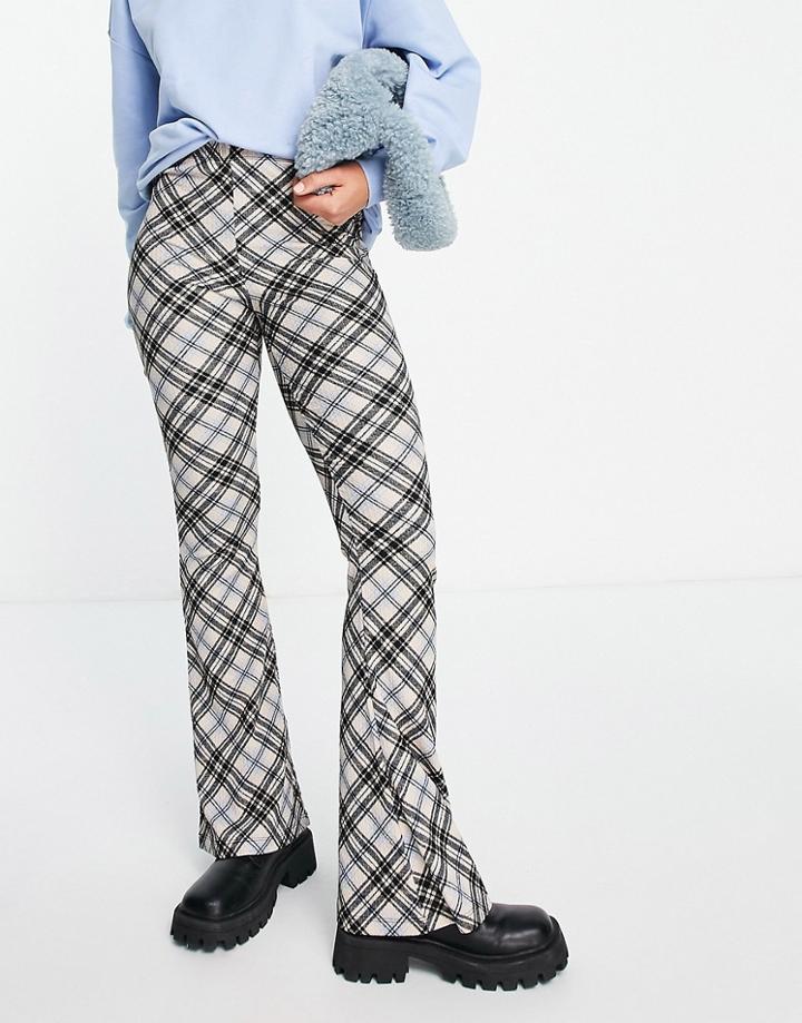 Topshop Crinkle Flared Pant In Blue And Black Check Print-orange