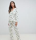 Asos Design Tall Christmas Sprout Traditional Shirt And Pants Pyjama Set-white