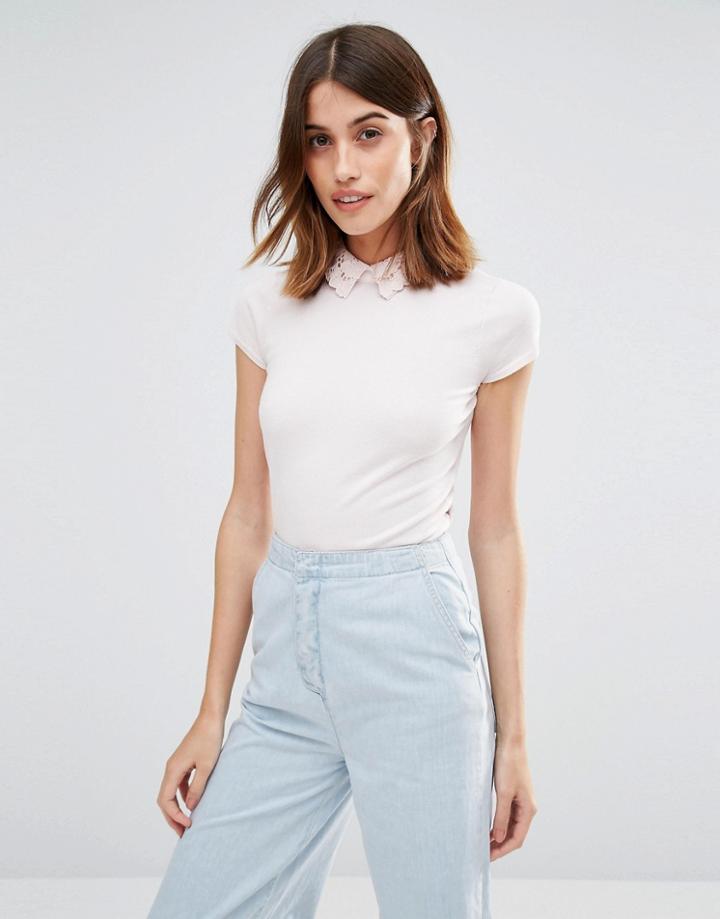 Warehouse Knitted Lace Collar Tee - Nude