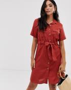 Qed London Button Through Shirt Dress With Tie Belt - Red