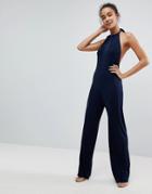 Asos Halterneck Minimal Jumpsuit In Jersey With Wide Leg - Navy