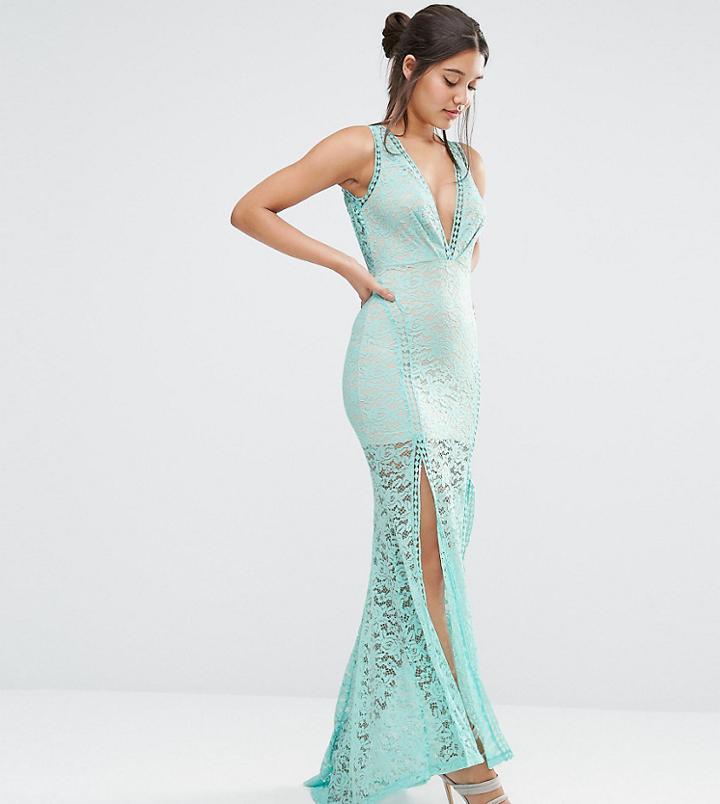 Love Triangle Lace Plunge Front Maxi Dress With Ladder - Blue