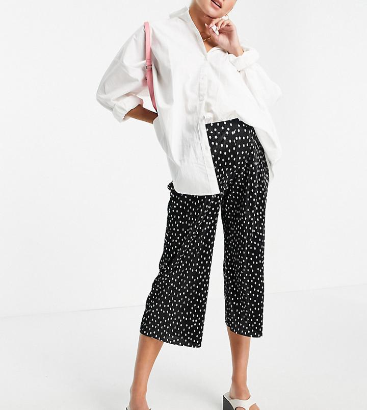 Asos Design Maternity Overbump Plisse Culotte In Mono Polka Dot-black