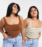 Daisy Street Plus 2 Pack 90s Cropped Tank Tops In Brown And Stripe