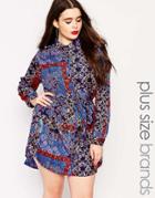 Ax Paris Plus Shirt Dress With Tie Wasit In Scarf Print - Multi