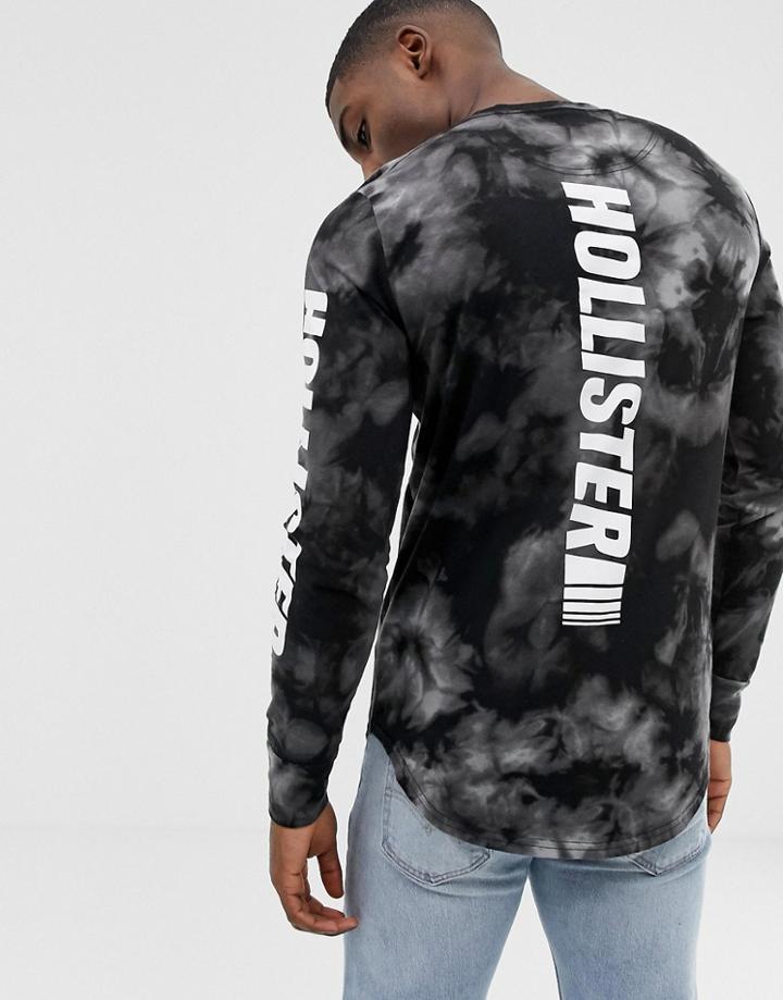 Hollister Back And Sleeve Logo Tai Dye Long Sleeve Top In Black - Black