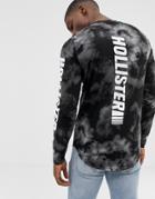 Hollister Back And Sleeve Logo Tai Dye Long Sleeve Top In Black - Black