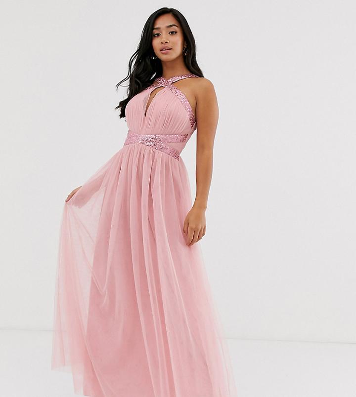Little Mistress Petite Embellished Cross Neck Maxi Dress In Pink