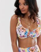 Asos Design Recycled Fuller Bust Exclusive Twist Front Plunge Bikini Top In Pretty Floral Print Dd-g-multi