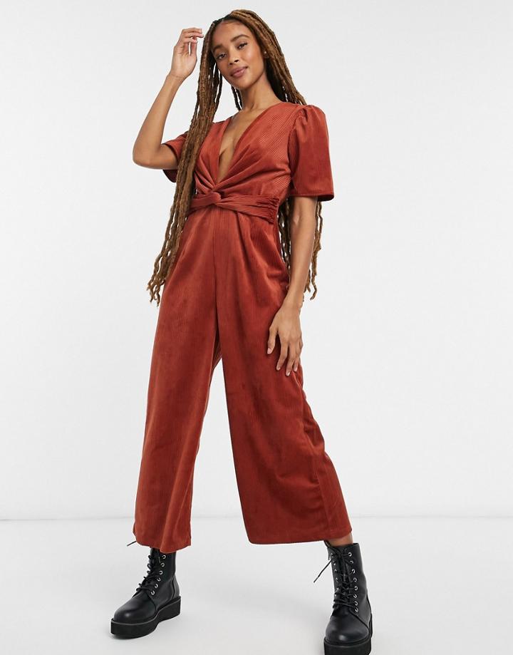 Asos Design Plunge Knot Front Corduroy Jumpsuit In Brown