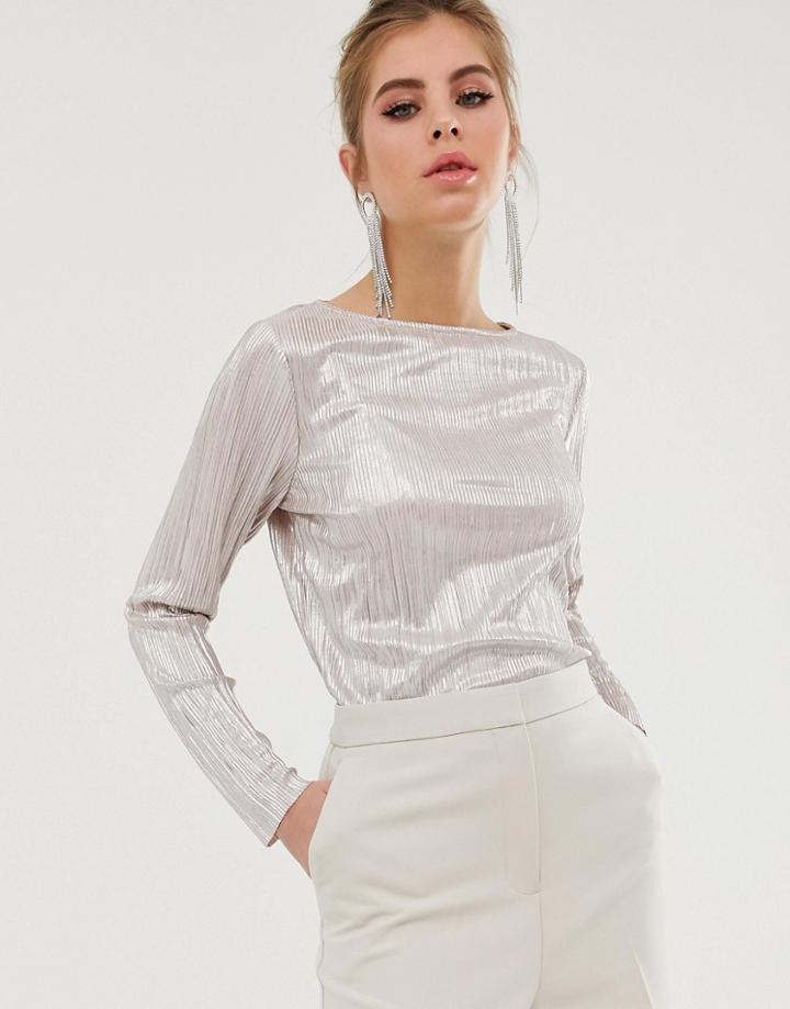 Asos Design Long Sleeve Top In Metallic Plisse - Pink