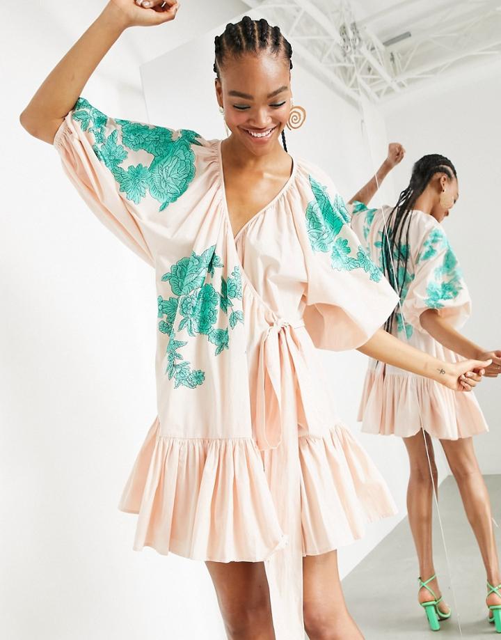 Asos Edition Embroidered Wrap Mini Dress With Tiered Hem In Candy Pink