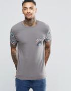 Asos Muscle T-shirt With Aztect Sleeve And Pocket In Grey Marl - Smokey Gray