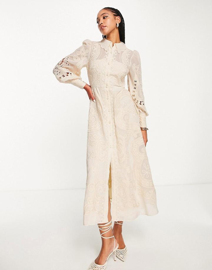 Asos Edition Embroidered Midi Shirt Dress In Cream-white
